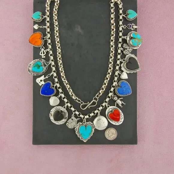 ⚡️sold⚡️ joan slifka sterling silver 21 hearts & charms necklace size 29in - Picture 5 of 5